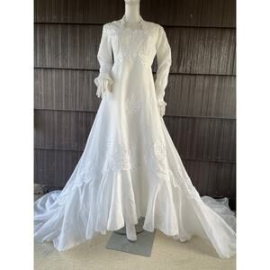 🔥Vintage 70s ILGWU USA Edwardian Regency Cathedral Train White Wedding Dress